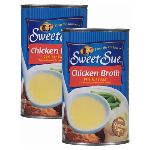 Two cans of Sweet Sue chicken broth